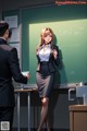 A woman in a business suit standing in front of a blackboard.